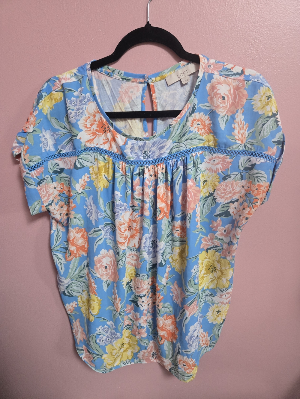 LOFT Sky Blue Floral Crochet-Trim Blouse